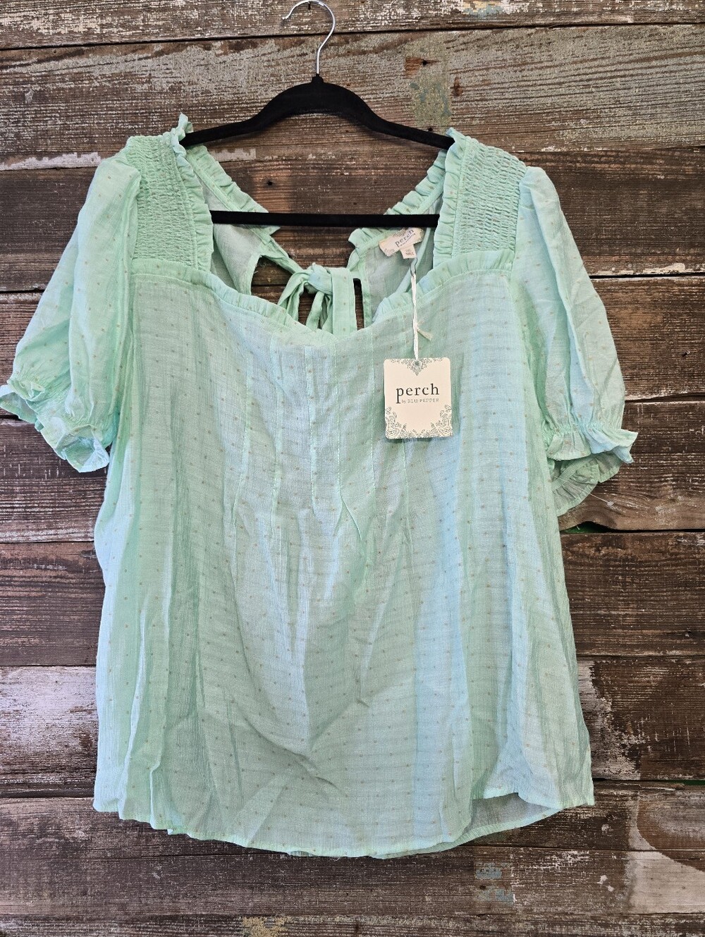 Perch Mint Puff Sleeve Smocked Yoke Top, Size 1X, NWT